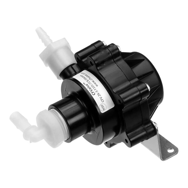 A black and white Bunn valve assembly with white caps.