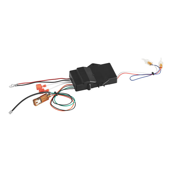 A black plastic Bunn control board assembly with wires.