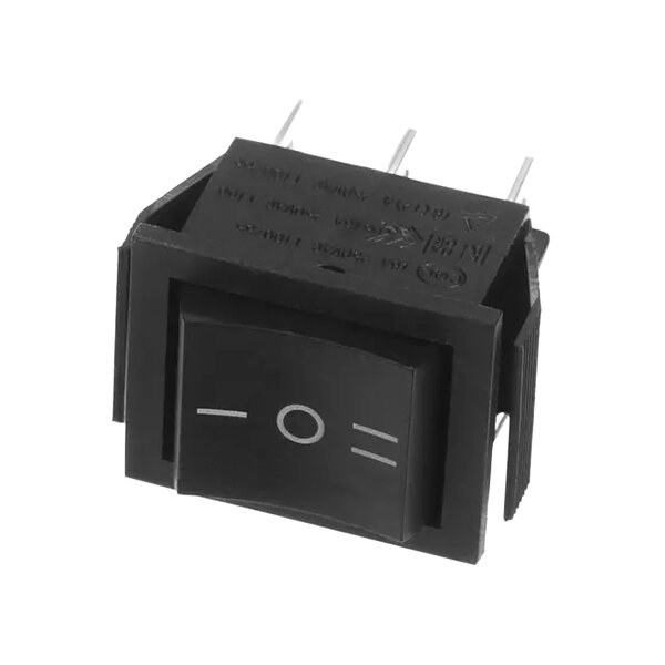 A black rectangular Spaceman power switch with white writing.