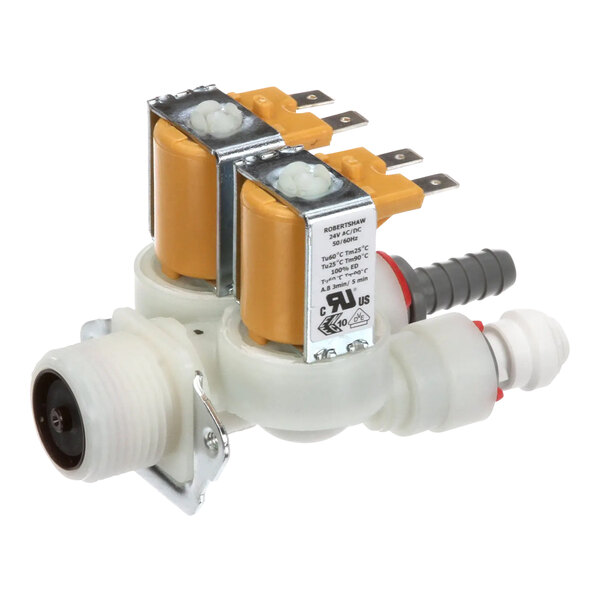 A Fetco cold water valve assembly with two wires attached to it.