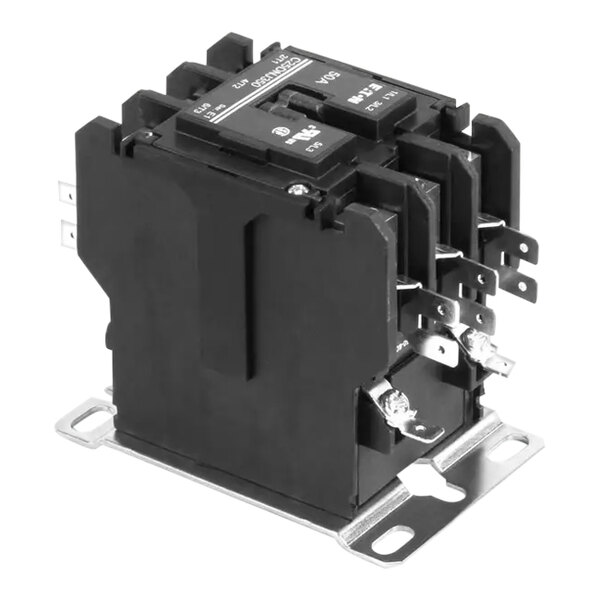 A black electrical device with metal plates and a single switch.