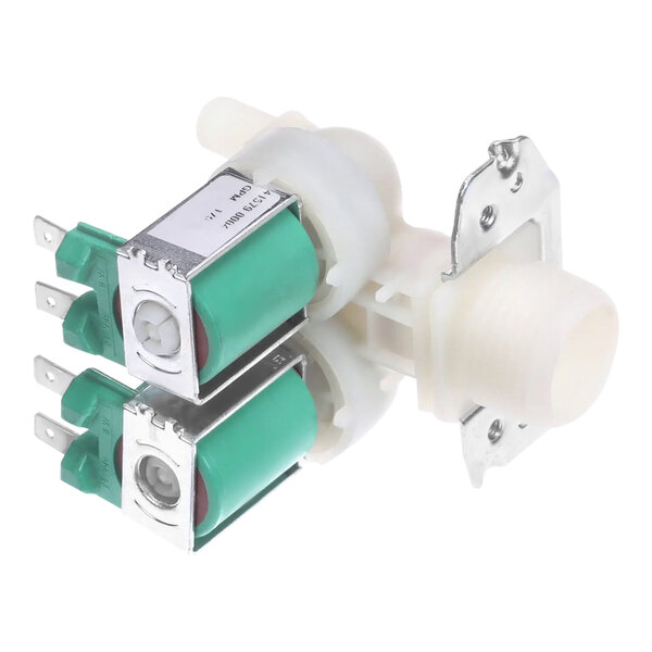 A close-up of a Bunn valve assembly with two green and white water valves.