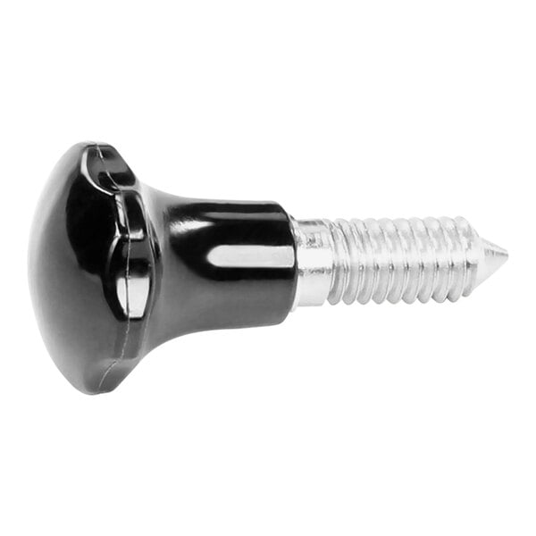 A close-up of a Hobart thumb screw with a black knob and clear screw.