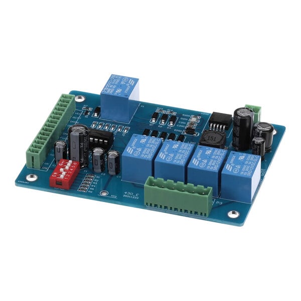 A close-up of a Spaceman control board with blue and green components.