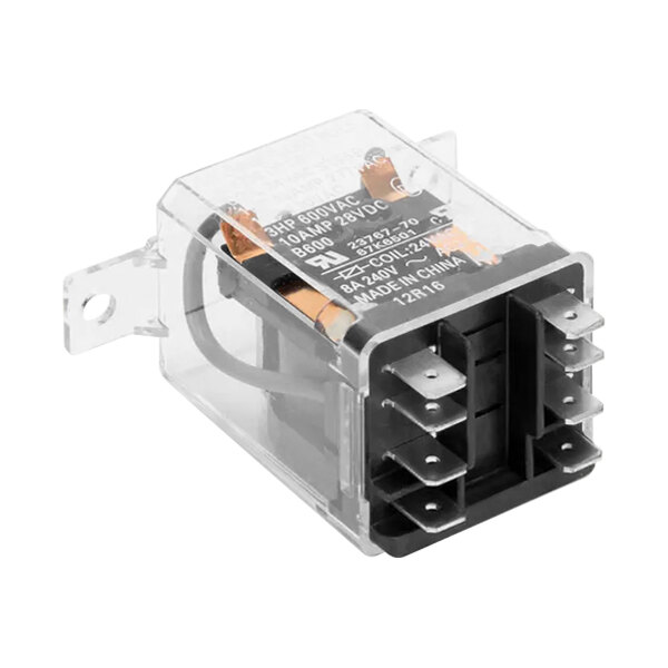 A Lennox DPDT flange mount relay with black and silver wires in a clear plastic box.