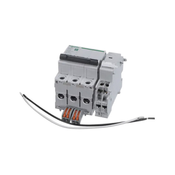 A close-up of a Baxter 3 pole 32/35A circuit breaker.