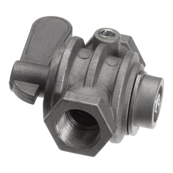 A grey Lincoln metal ball valve with a nut.