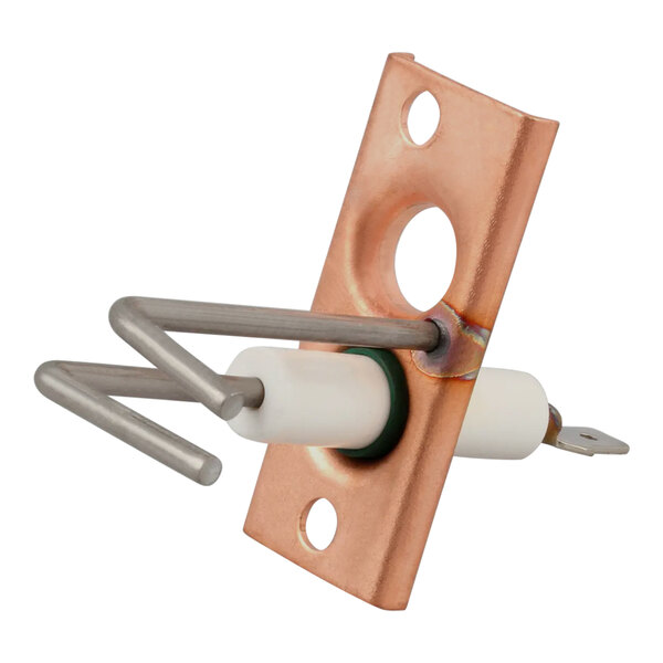 A copper-colored metal plate with a metal hook.