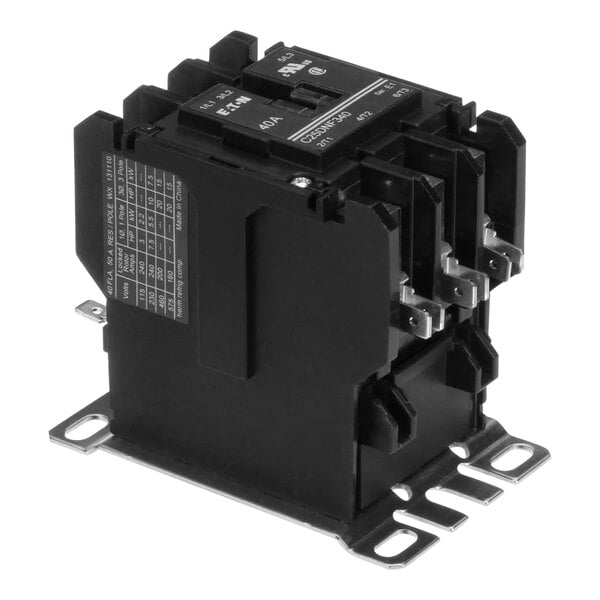 A black electrical device with metal parts and metal holders.