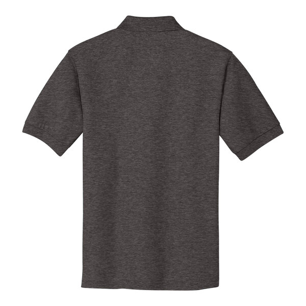 A small unisex Port Authority charcoal heather gray polo shirt.