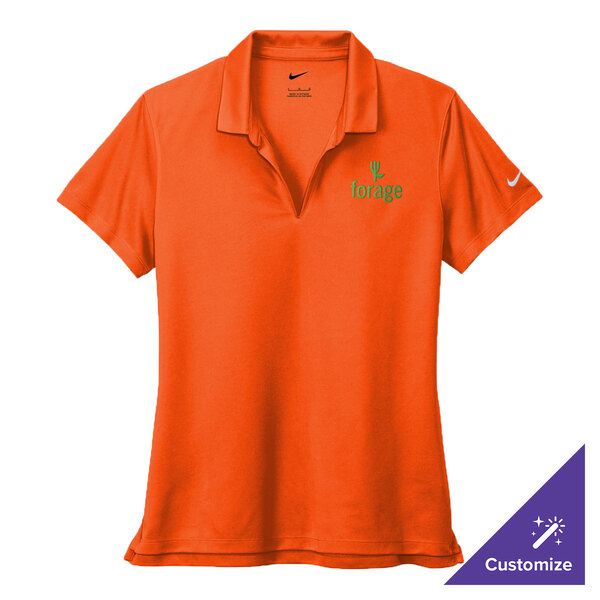 A Nike women's Brilliant Orange Dri-FIT performance polo with a logo on it.
