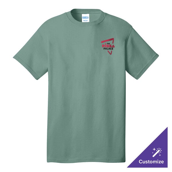 A Port & Company laurel green short sleeve t-shirt with a logo on it.