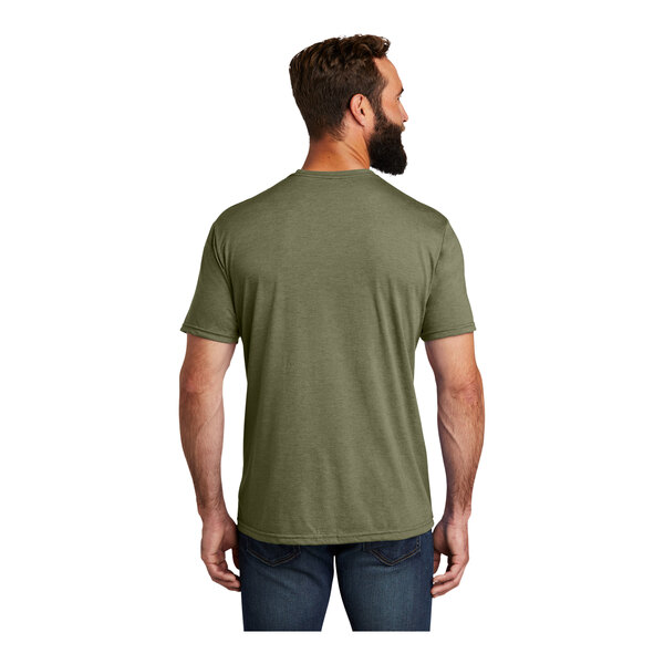 A man wearing an olive green AllMade customizable t-shirt.
