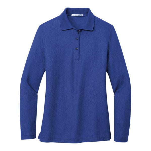 A royal blue Port Authority long sleeve polo shirt for women.
