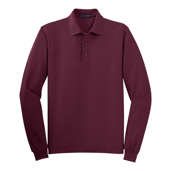 A medium unisex maroon Port Authority® long sleeve polo shirt.