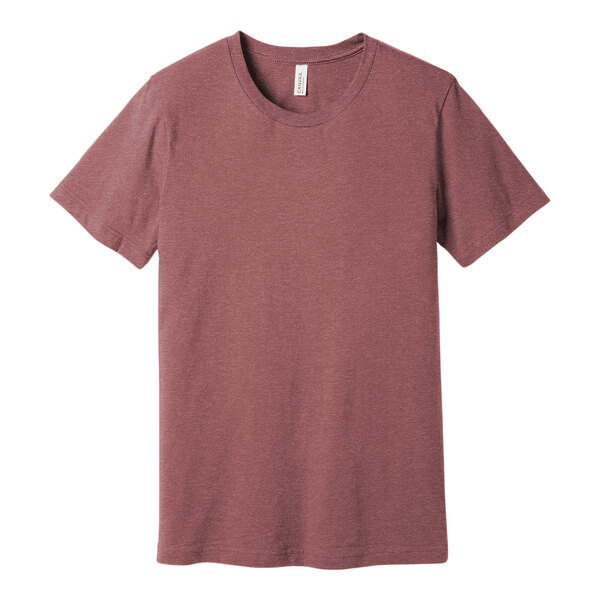 A heather mauve Bella + Canvas unisex t-shirt with a small logo on the front.