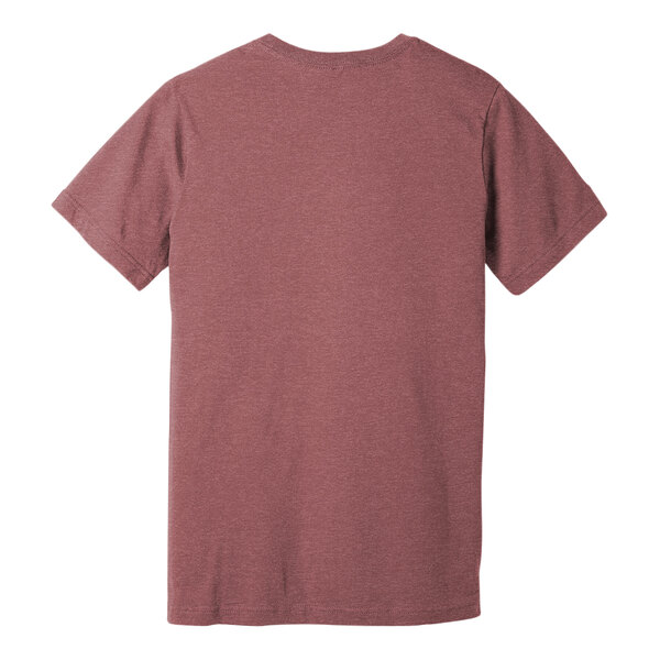 A heather mauve Bella + Canvas t-shirt with a small logo on the front and the words "Combed Ring-Spun Cotton / Poly Blend" on the back.