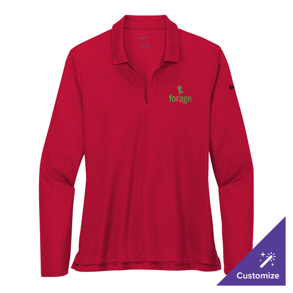 A women's red Nike long sleeve polo with white and green logo.