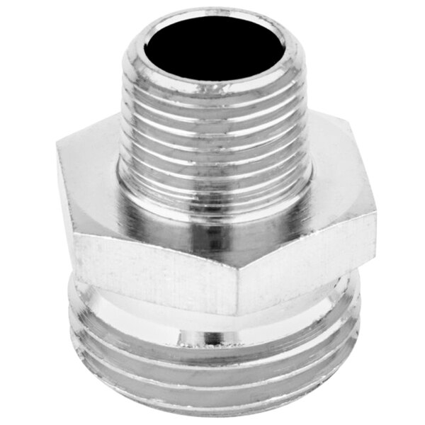 A chrome plated T&S adapter with 3/4" NPT male connections.