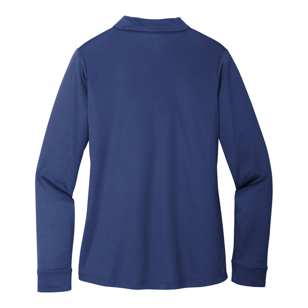 A Port Authority women's blue long sleeve polo shirt.