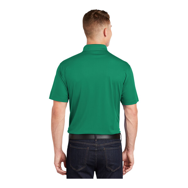 A man wearing a kelly green Sport-Tek polo shirt.