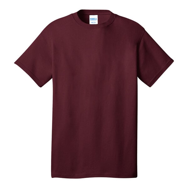 A Port & Company maroon short sleeve t-shirt with a white collar.