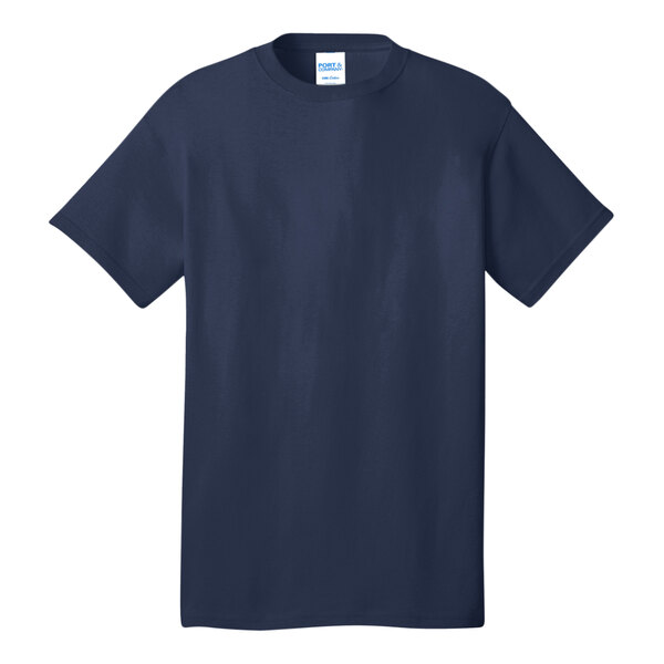 A navy Port & Company t-shirt on a white background with a white logo.