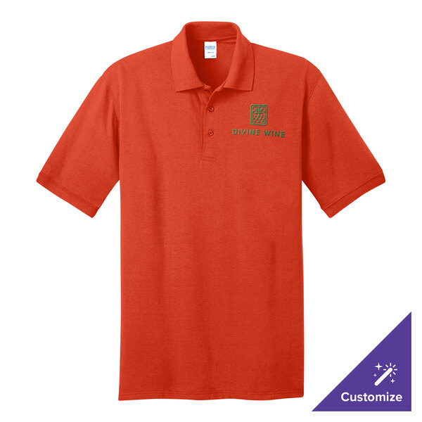 An orange Port & Company polo shirt with a logo on it.