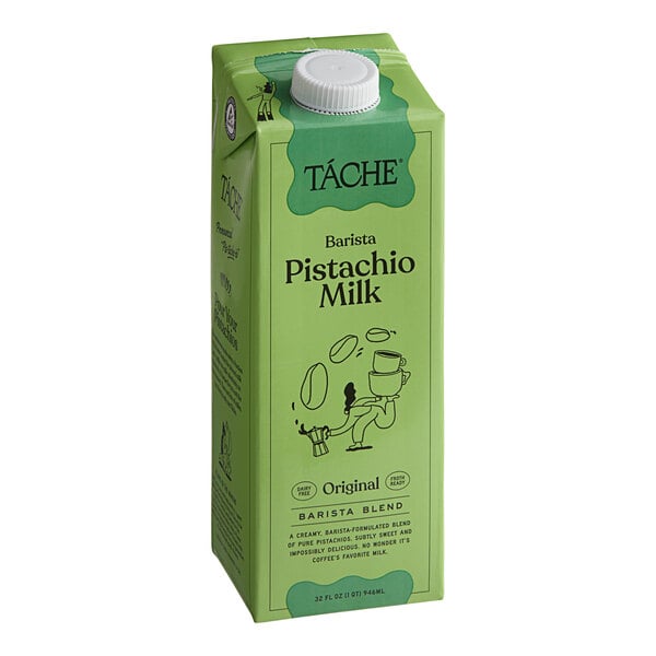 A green carton of Tache Barista Pistachio Milk with a white cap.