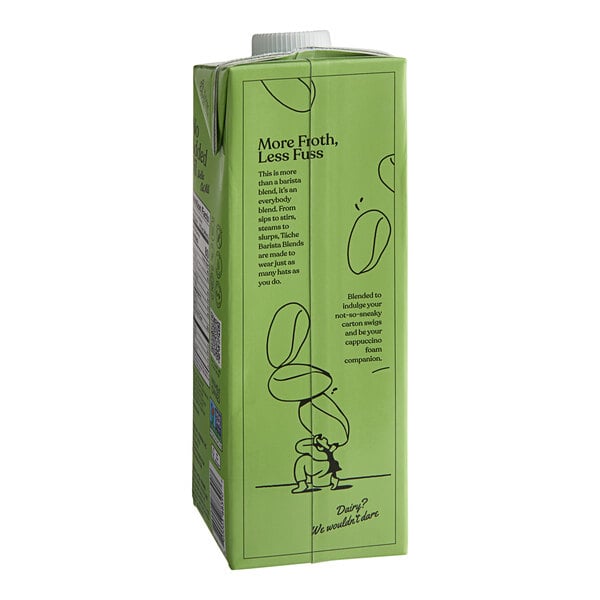 A green Tache Barista Pistachio Milk carton with black text and pictures.