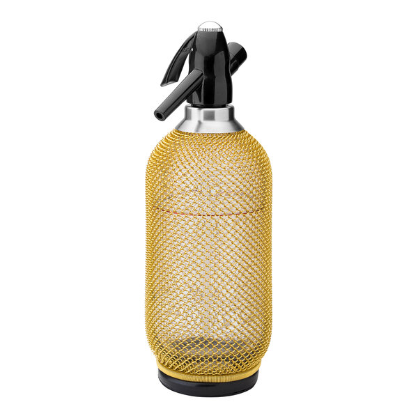 A yellow Utopia soda siphon with a black mesh cover.