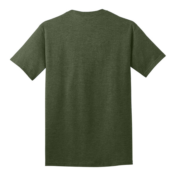 The back of a Port & Company olive drab green heather short sleeve T-shirt with a white logo.