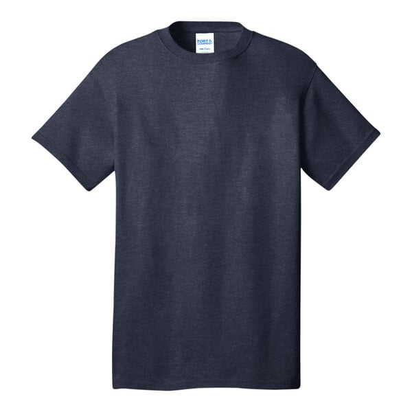 A Port & Company Heather Navy T-Shirt with a white label.