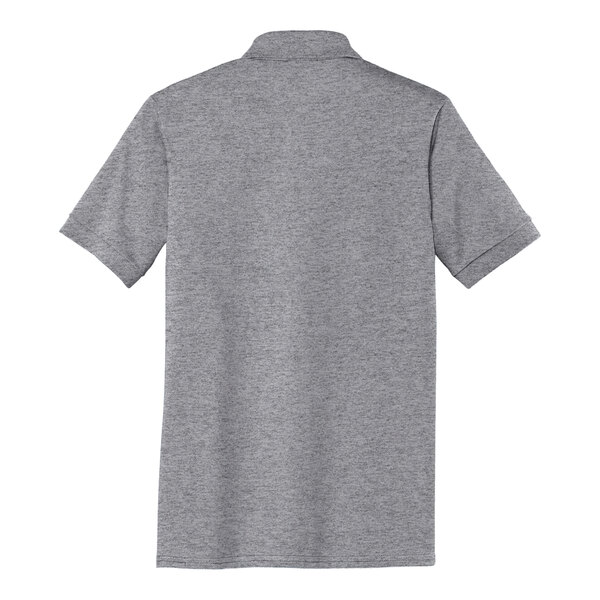 A Port & Company athletic heather short sleeve jersey knit polo shirt for men in grey.