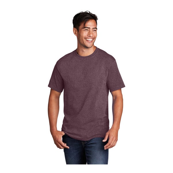 A man smiling and wearing a Port & Company heather athletic maroon short sleeve T-shirt.