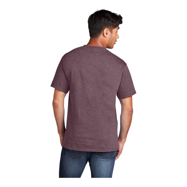 A man wearing a Port & Company heather maroon t-shirt.