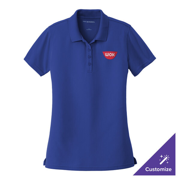 A large blue Port Authority women's polo shirt with a logo.