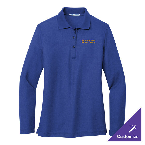 A small royal blue Port Authority long sleeve polo shirt.