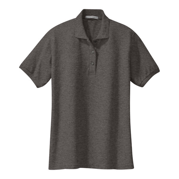 A Port Authority charcoal heather gray polo shirt.