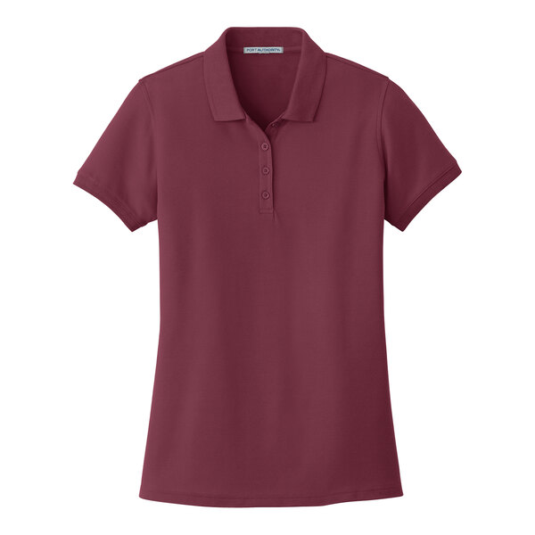 A Port Authority women's maroon polo shirt.