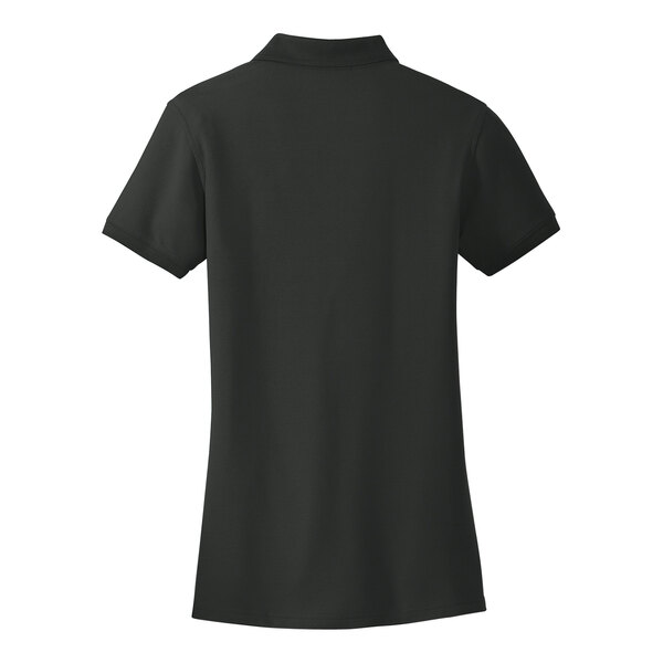 A Port Authority women's black short sleeve polo shirt.