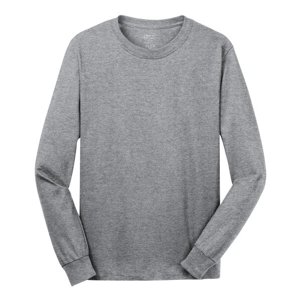 A Port & Company athletic heather long sleeve t-shirt in gray.