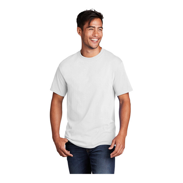 A man wearing a white Port & Company T-shirt.