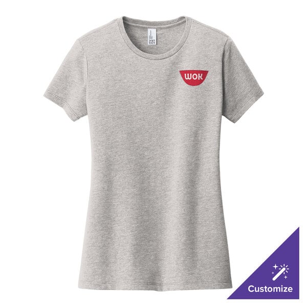 A District women's light heather grey t-shirt with a red heart logo.