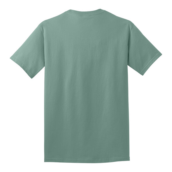 A close-up of the back of a light green Port & Company T-shirt.