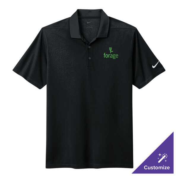 A black Nike Dri-FIT polo shirt with a logo on it.