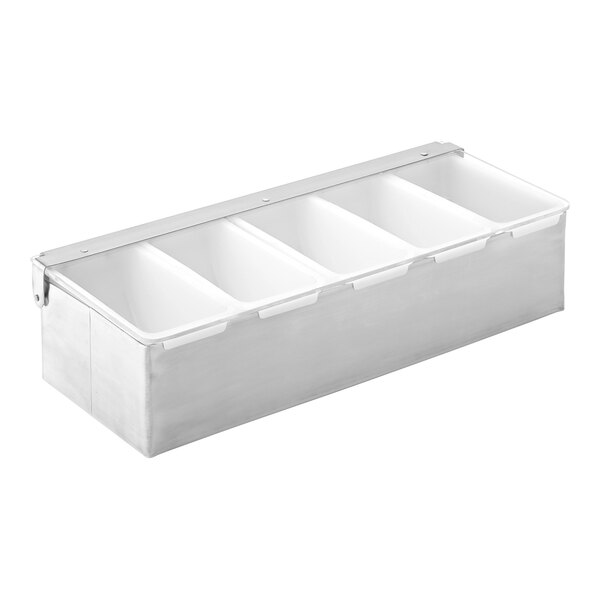 A white stainless steel Utopia condiment bar with 5 compartments.