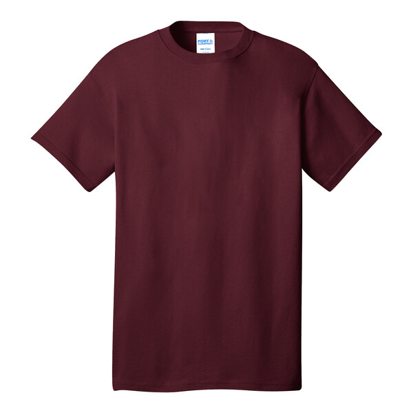 A Port & Company maroon t-shirt with a white collar.