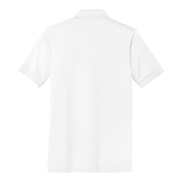 The back of a white Port & Company jersey knit polo shirt with a collar.