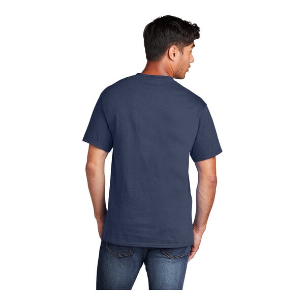 A man wearing a Port & Company navy blue short sleeve t-shirt.